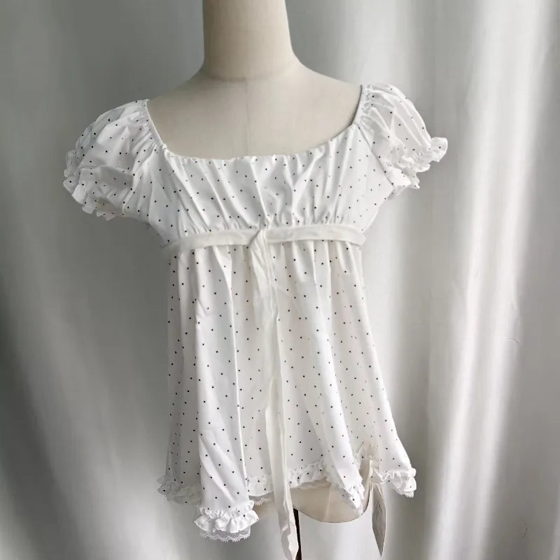 Ezgaga Shirts Women Sweet Polka Dot Lace Patchwork Puff Short Sleeve