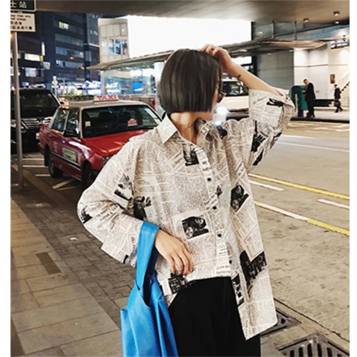 Trendy Shirt Blouse Simple Thin Newspaper Print Shirt Summer Loose