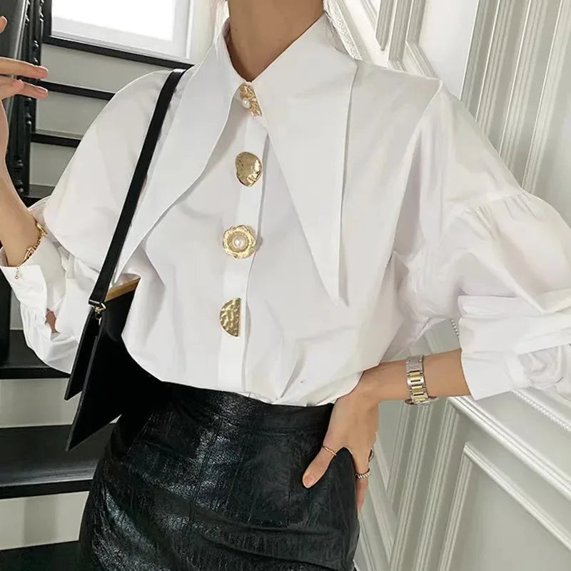 White Elegant Pearl Women Shirts Korean Sharp Corner Collar Loose Long