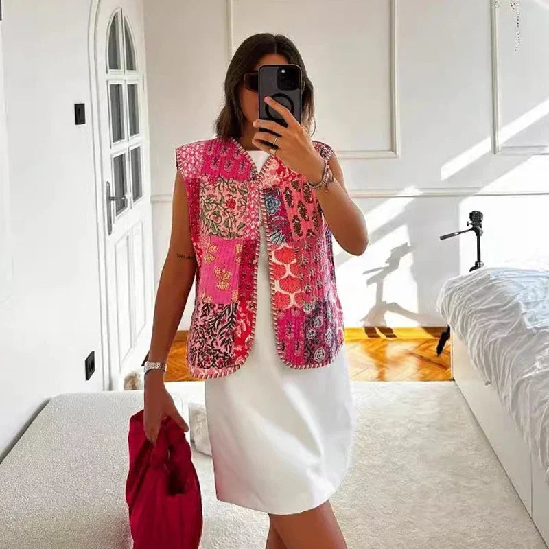 Women National Style Sleeveless Patchwork Floral Print Quilted Vest