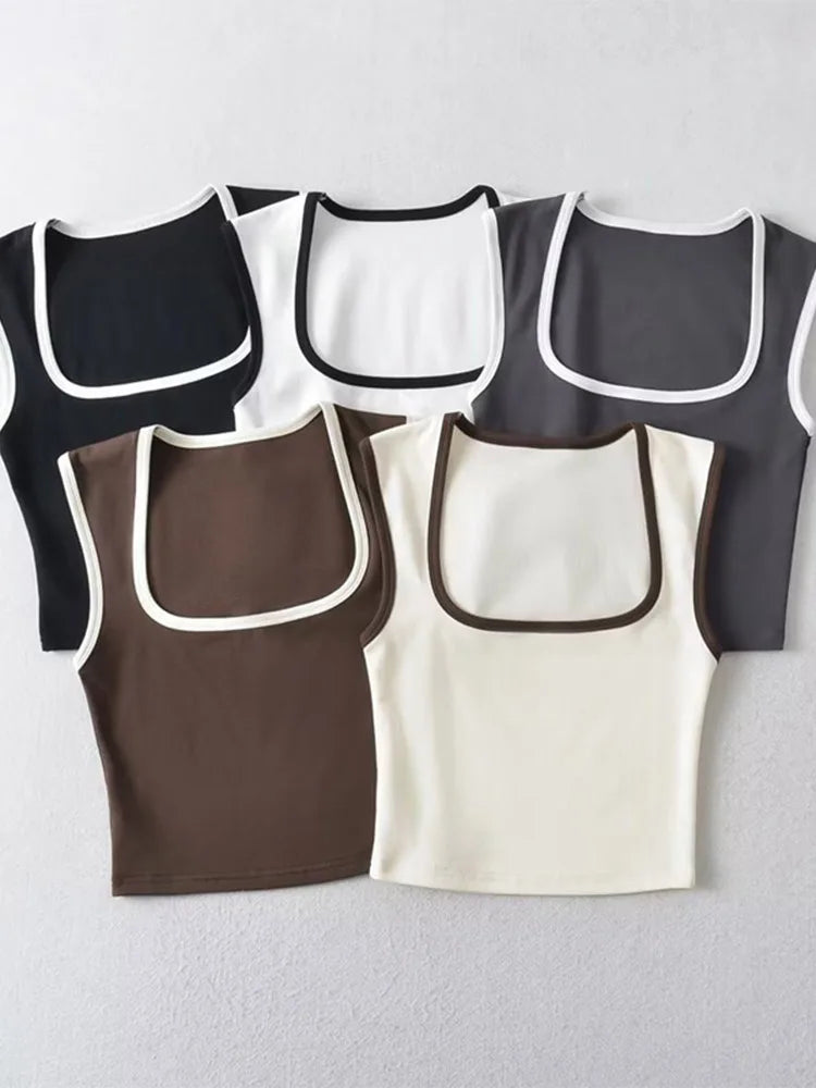 Woman Fashion Slim Solid Casual Sleeveless Tanks Square Collar Crop