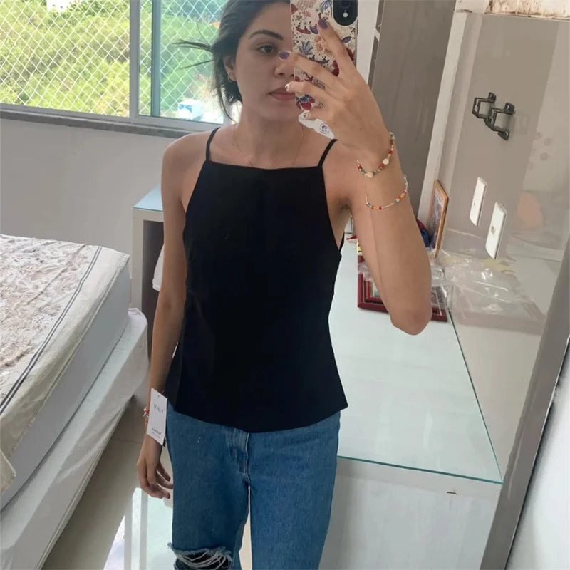 MUJER 2025 Black Backless Top Female White Sleeveless Crop Top With