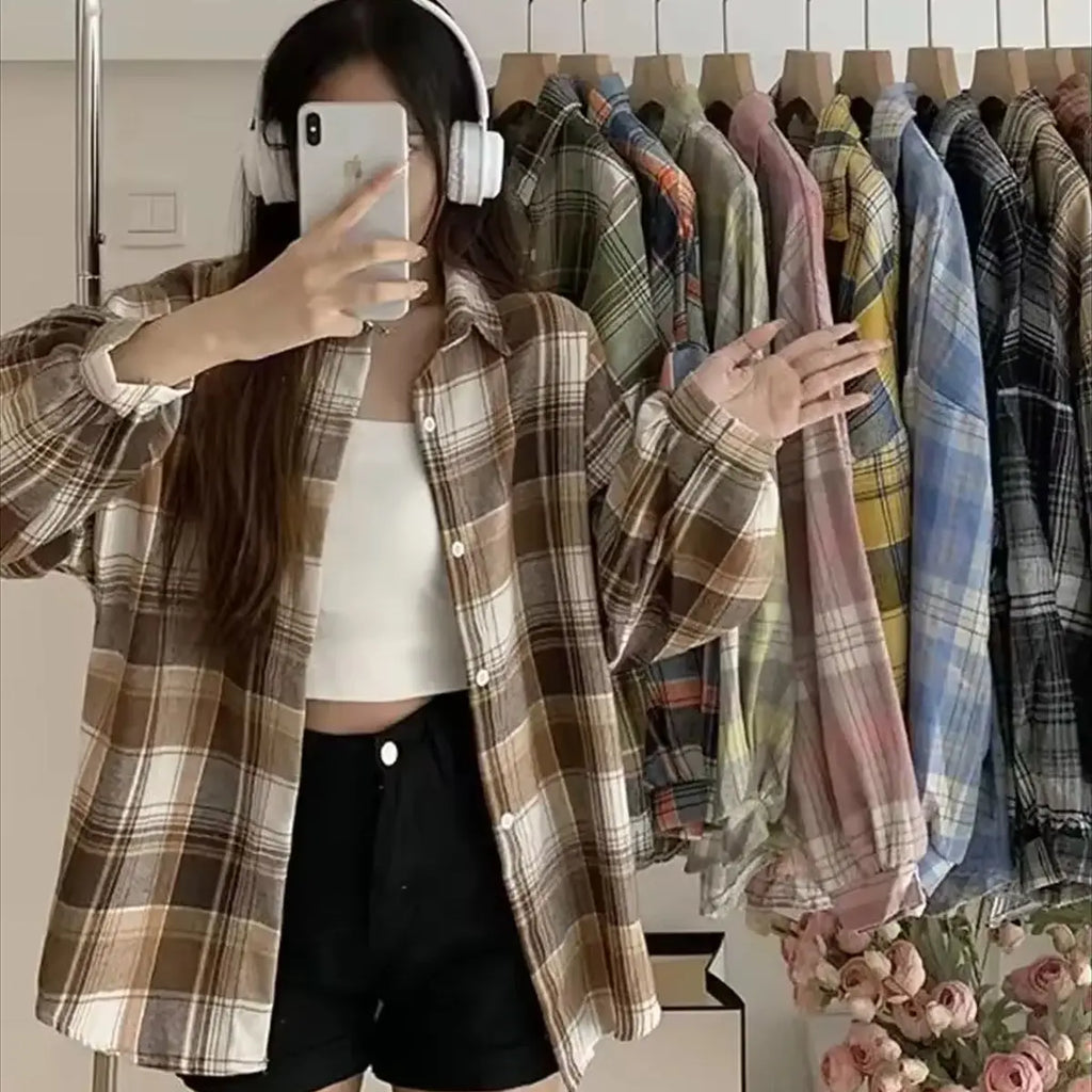 Korean Plaid Blouses for Women Fashion Long Sleeve Check Shirt Ladies