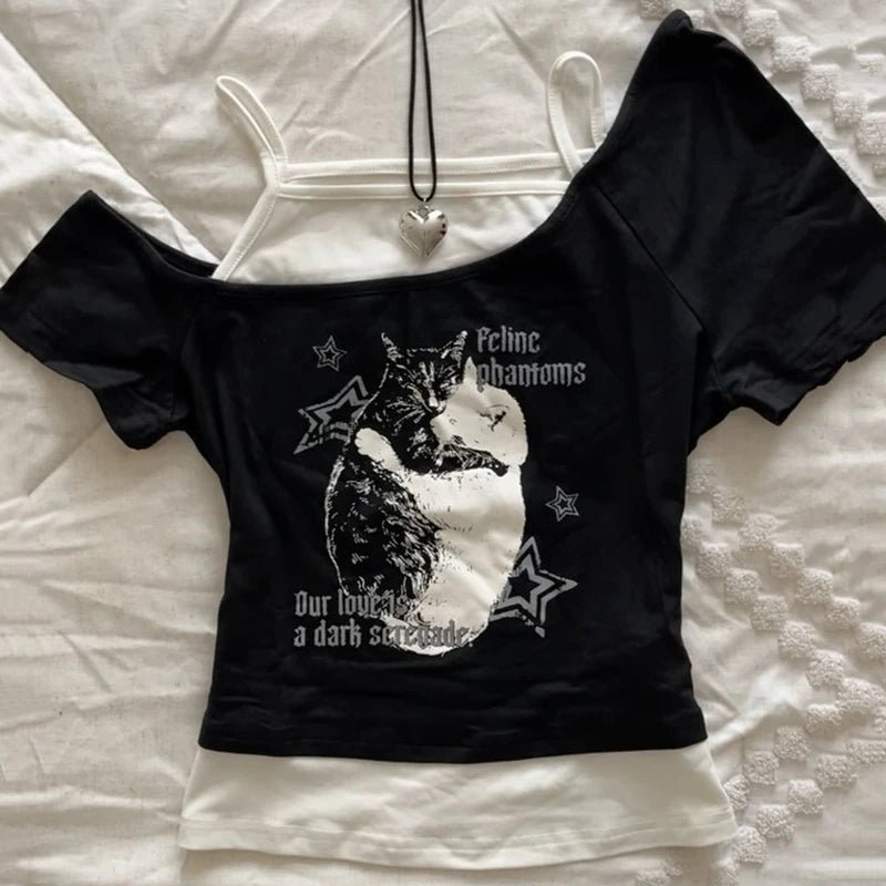 Asthetische Goth Fledermaus Brief Y2K Stil zweitelige T-Shirt Kurzarm