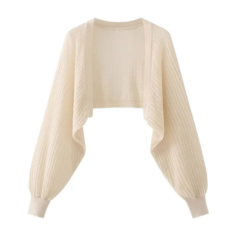 Open Front Pointelle Knitted Cardigan Women Bolero Crop Top Spring