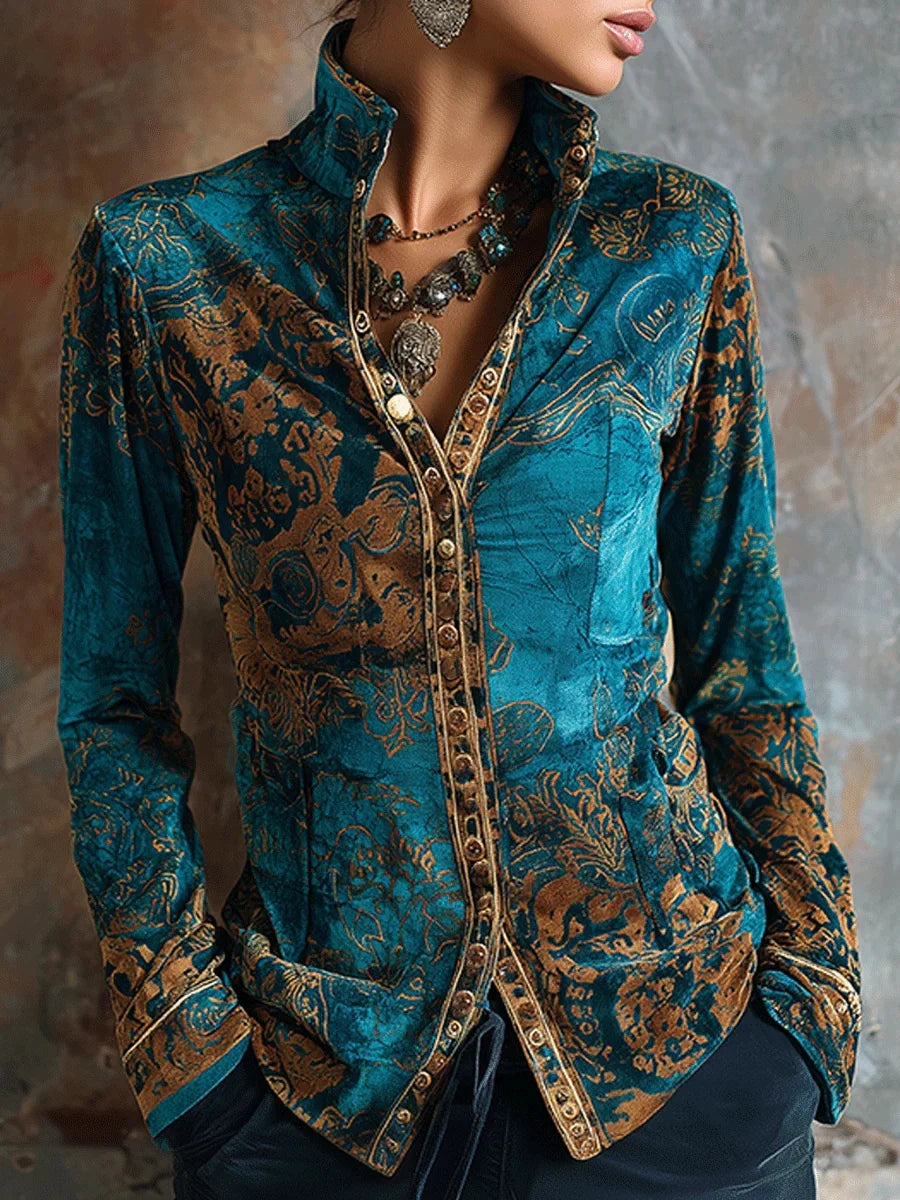 Vintage Flower Printed Long Sleeve Women Shirt Blouse Retro Single