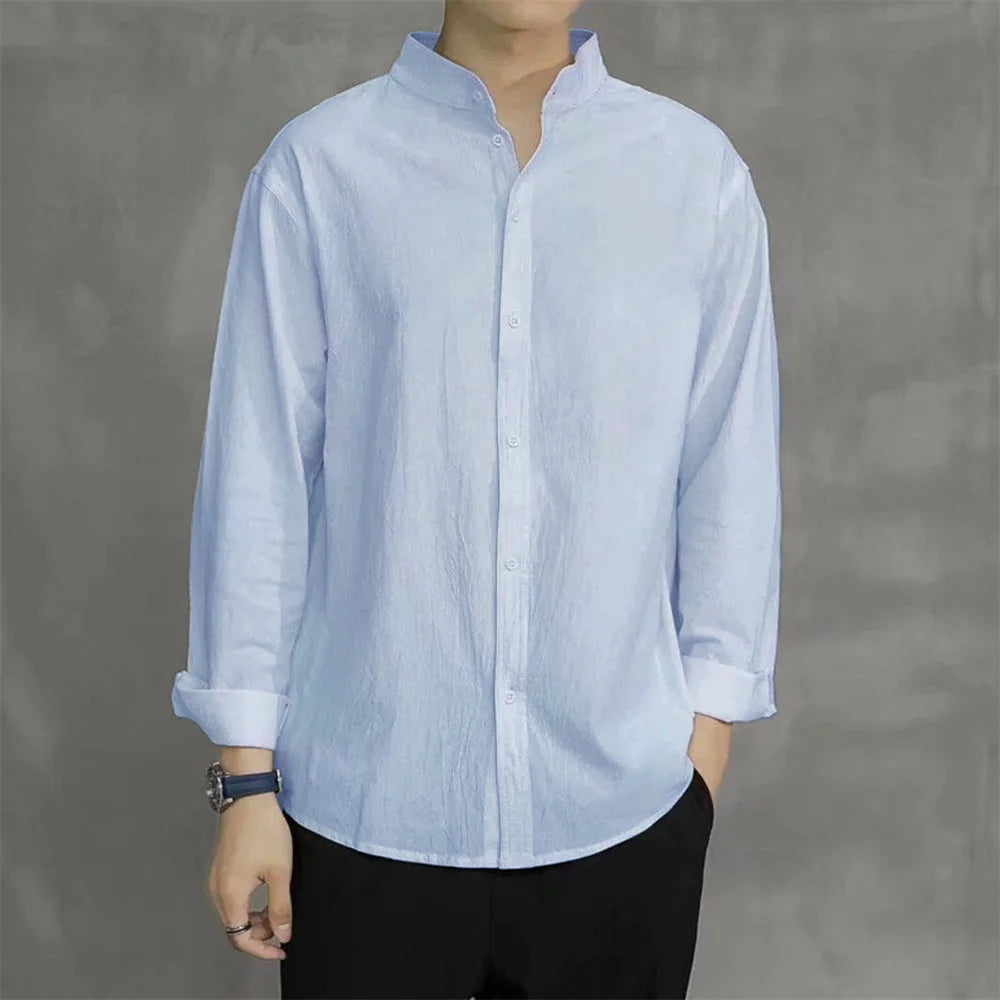 Spring Autumn Men's Shirt Long Sleeve Solid Color Cotton Linen Henley