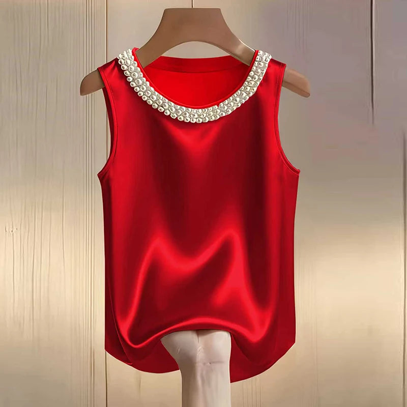Elegant Satin Shirt Women Summer Bead Design Silk Blouse Women