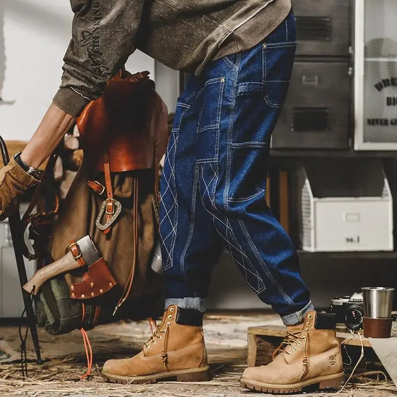 American Retro Work Jeans Men's Autumn Fashion Loose Open Thread