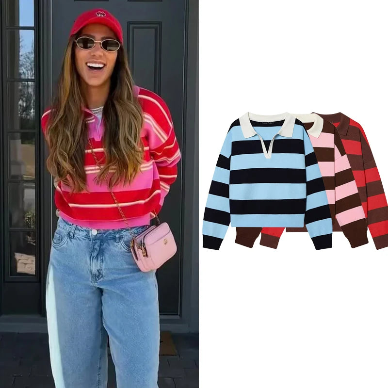 Spring 2026 Women's Polo Neck Knitted Sweater Fashion Stripes Loose