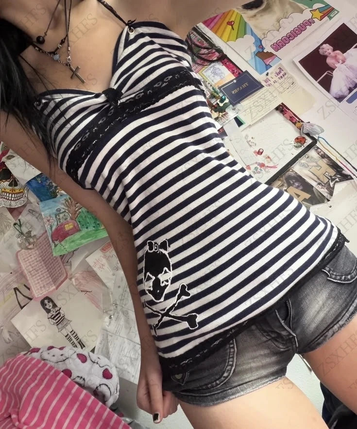 Y2k Aesthetic Chic Crop Top Camis Women Clothing Sling Stripe Skulls