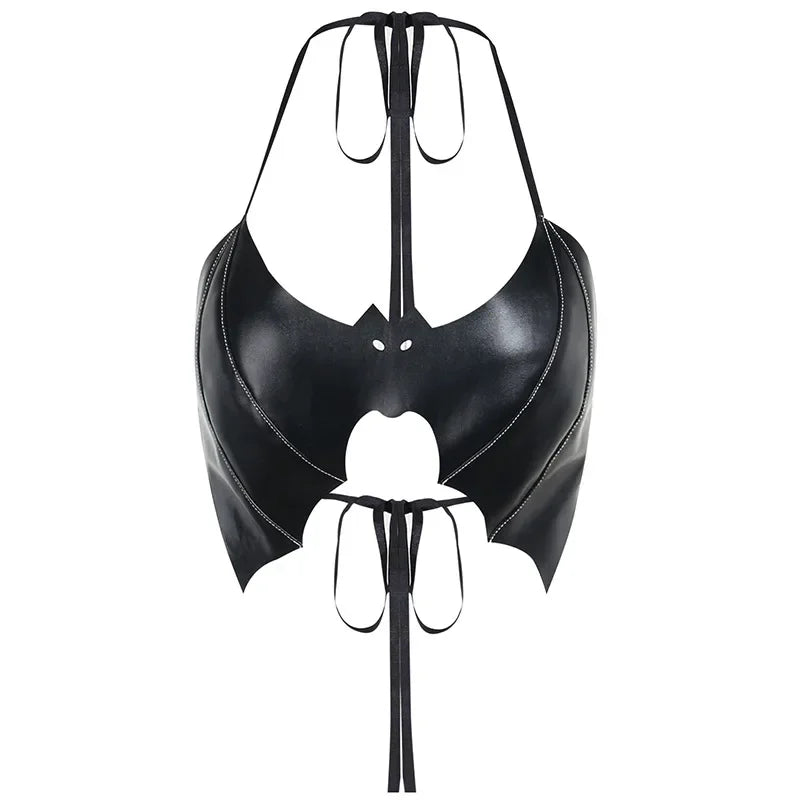 Punk Sexy PU Bra Steampunk Bat Shape Black Halter Crop Top Gothic