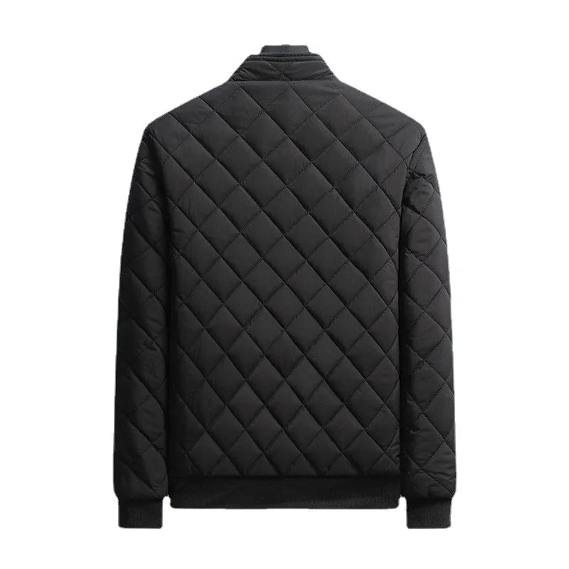 Autumn Winter Bomber Jacket Men Diamond Pattern Fleece Lined Casual