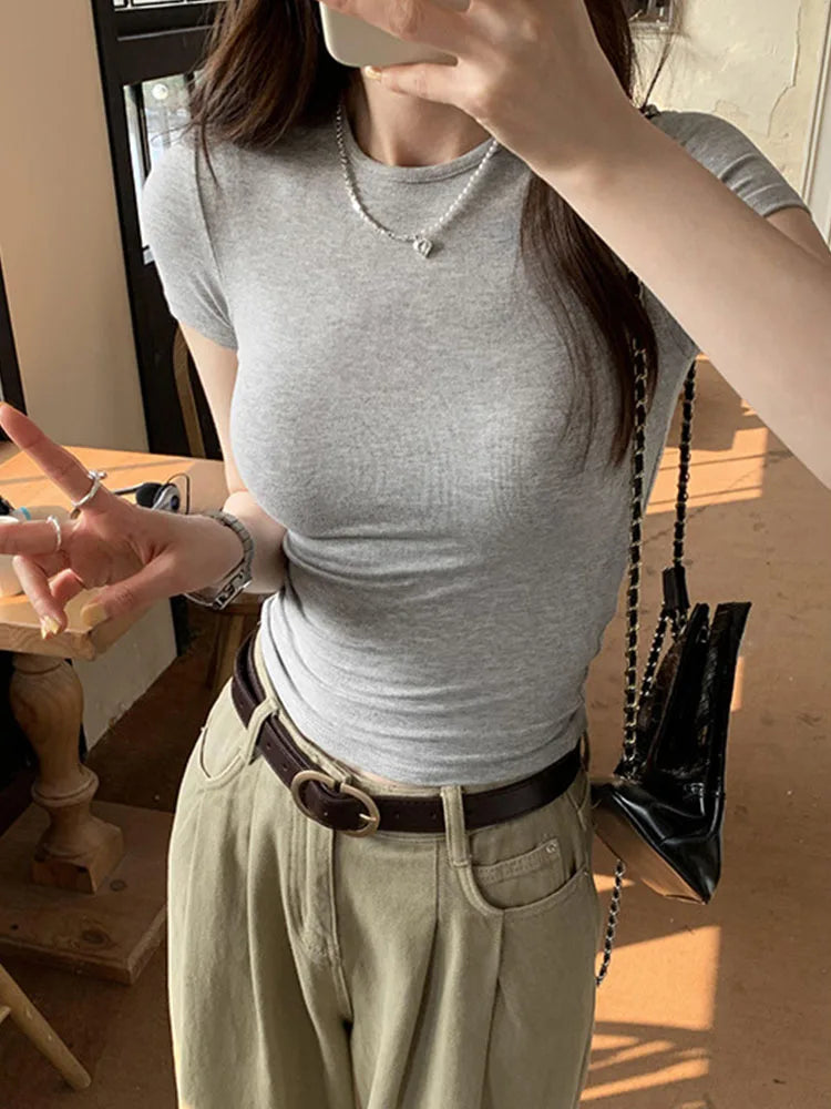 Basic Solid Crop Top Short Sleeve Crewneck Skinny T-shirt Summer