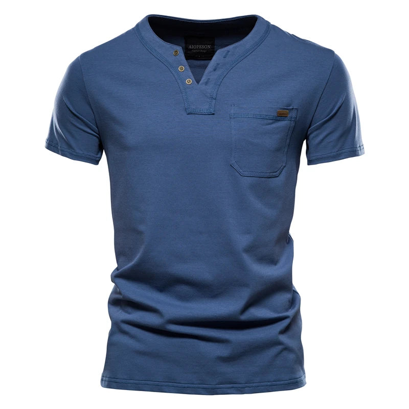 2021 Summer Top Quality Cotton T Shirt Men Solid Color Design V-neck