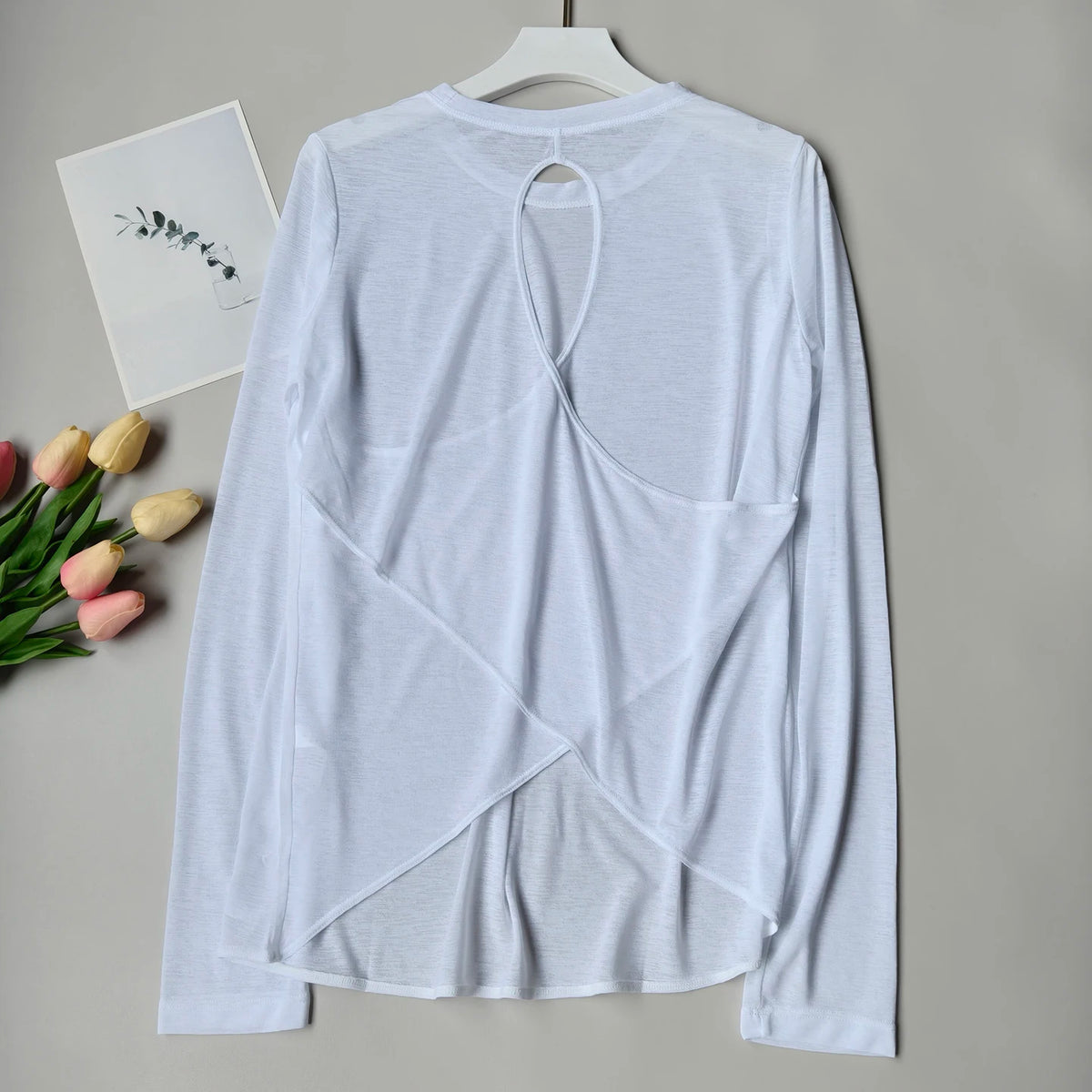 Women Backless Loose Yoga T-shirts Summer Round Collar Long Sleeve