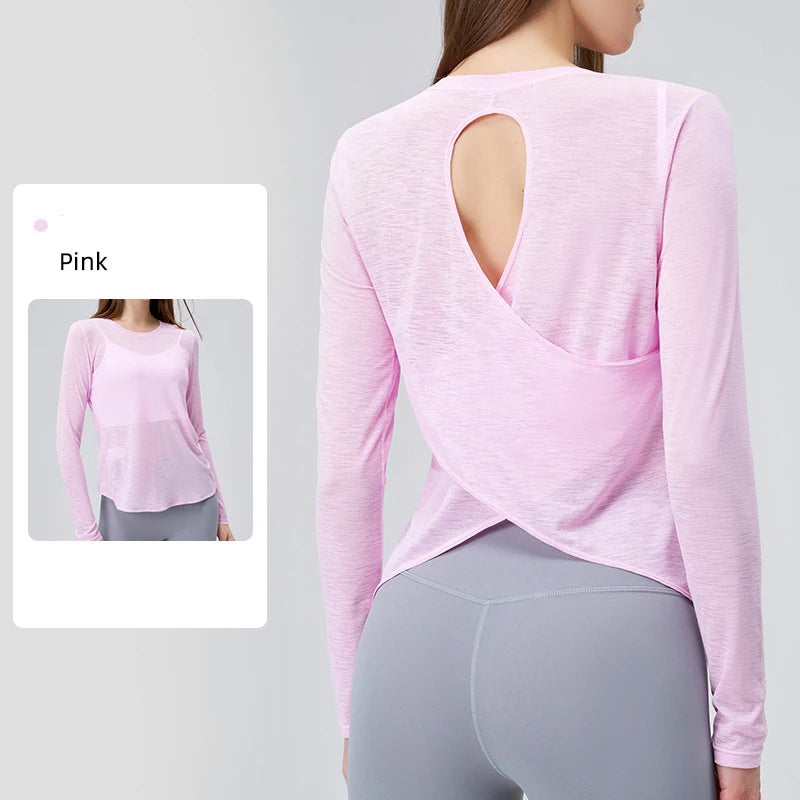 Women Backless Loose Yoga T-shirts Summer Round Collar Long Sleeve