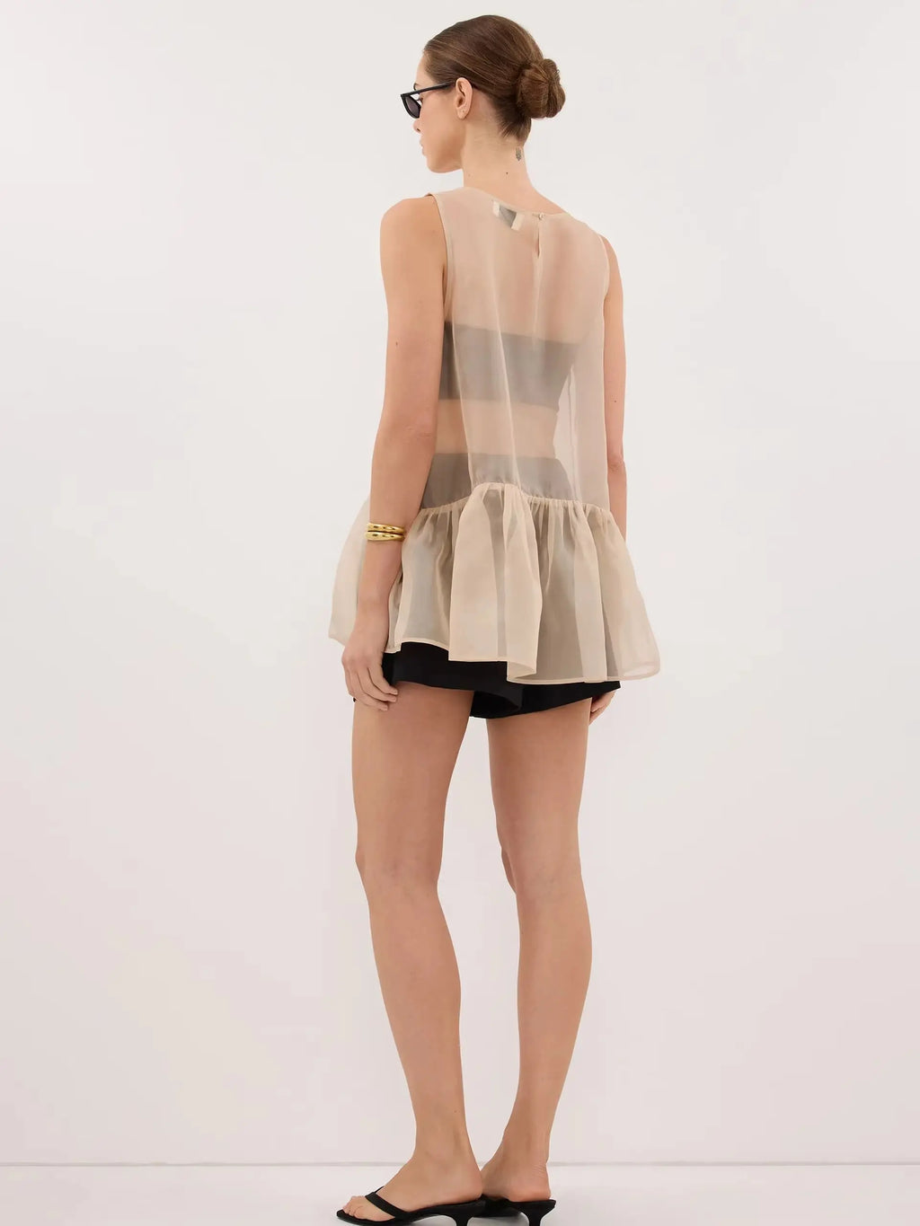 LIMO Sheer Mesh Sleeveless Top Women Ruffle Hem Flowy See-Through