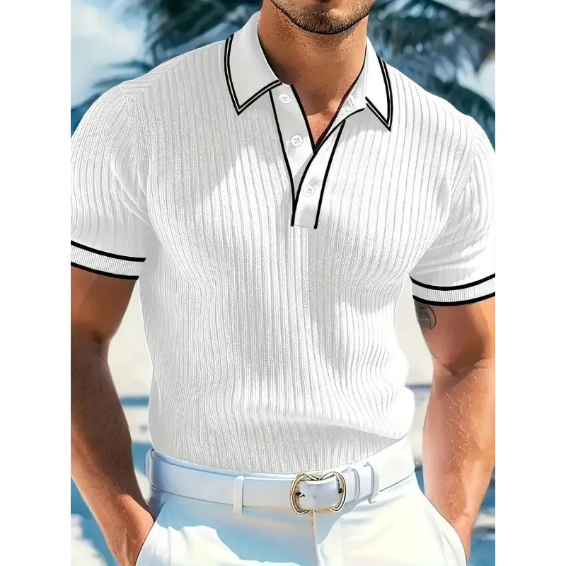 New Men's Short Sleeved Summer Color Blocked Striped Lapel Polo Shirt