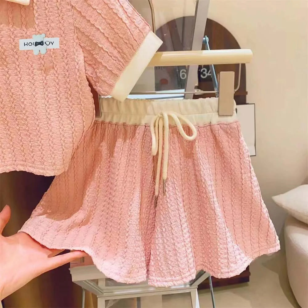 Summer New Girls Clothing Set Patchwork Lapel Polo T-shirt+Shorts 2Pcs