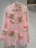 Luxury Design Summer Sparkle Diamonds Flowers Embroidery Party Shirts