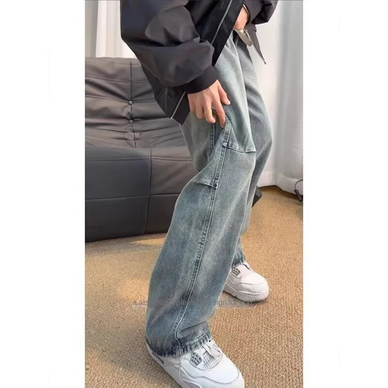 Man Pants Baggy Jeans Relaxed Fit Tapered Leg Denim Trousers For Men