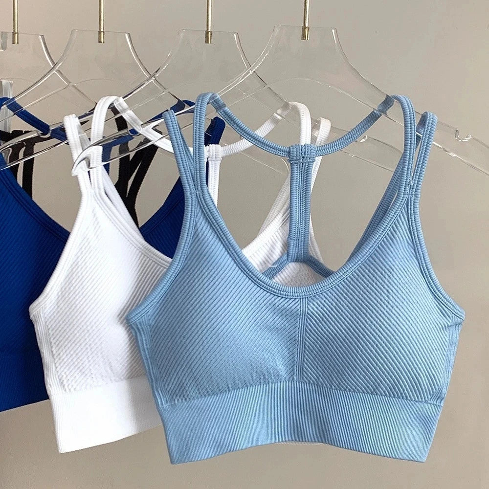 Women's Seamless Stretchy Backless Spaghetti Strap Sports Bra Tank Top