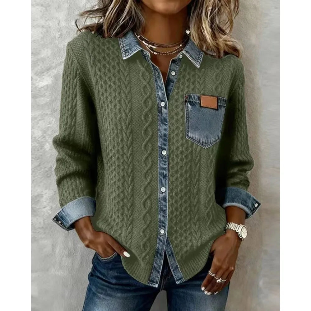 Women knit Denim Shirt Coat Overshirt Vintage Blouse Single Breasted