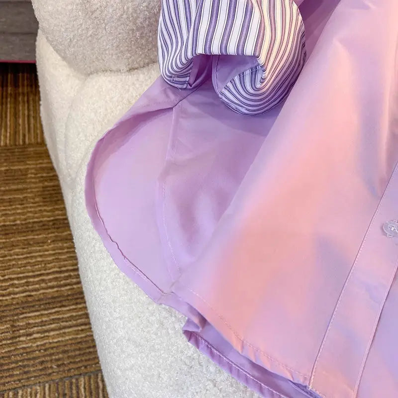 New In Clothing Top Turn-down Neck Purple Patchwork Striped Long