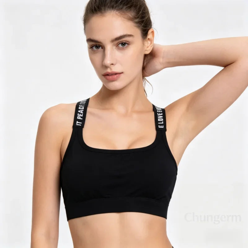 CHUANGERM Women's Seamless Sports Crop Top Wide Letter Straps Wireless