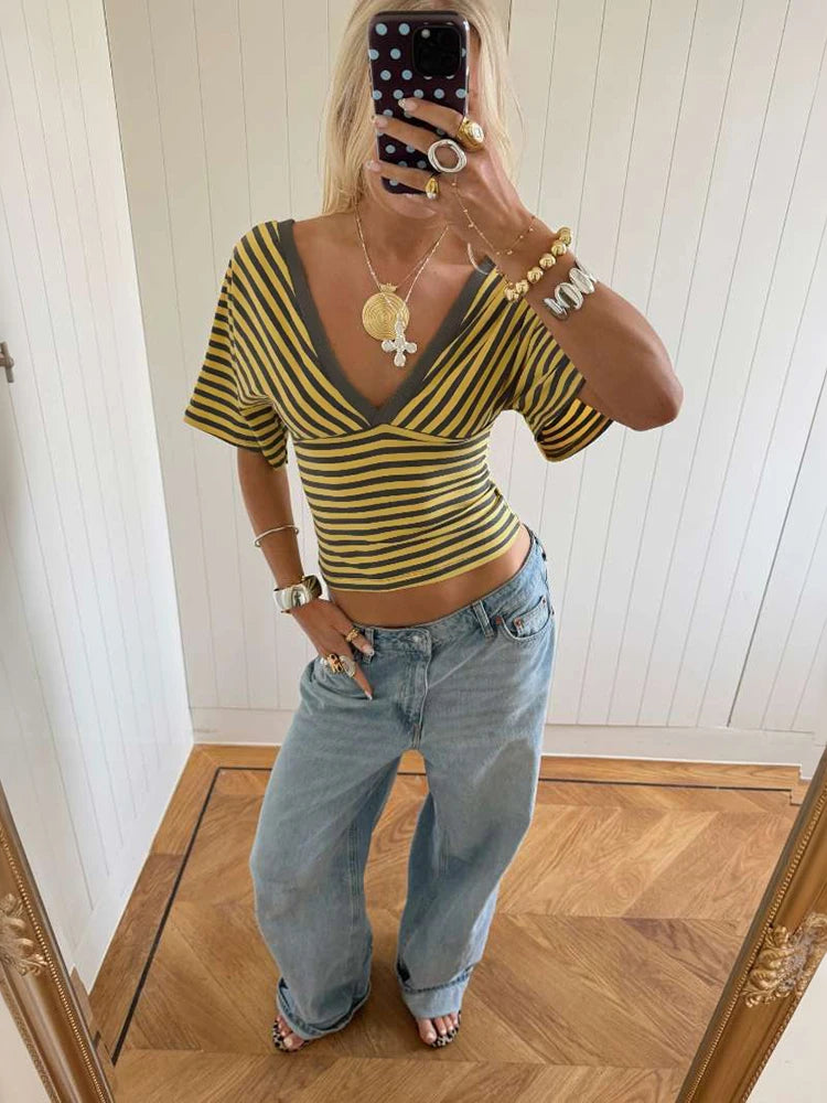 Kliou Striped Patchwork T-Shirts Women Summer Trend V-Neck Short