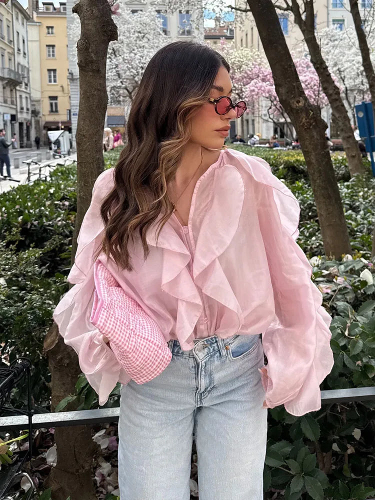 HH 2025 Spring Women Elegant V-Neck Blouse Single-Breasted Women Long