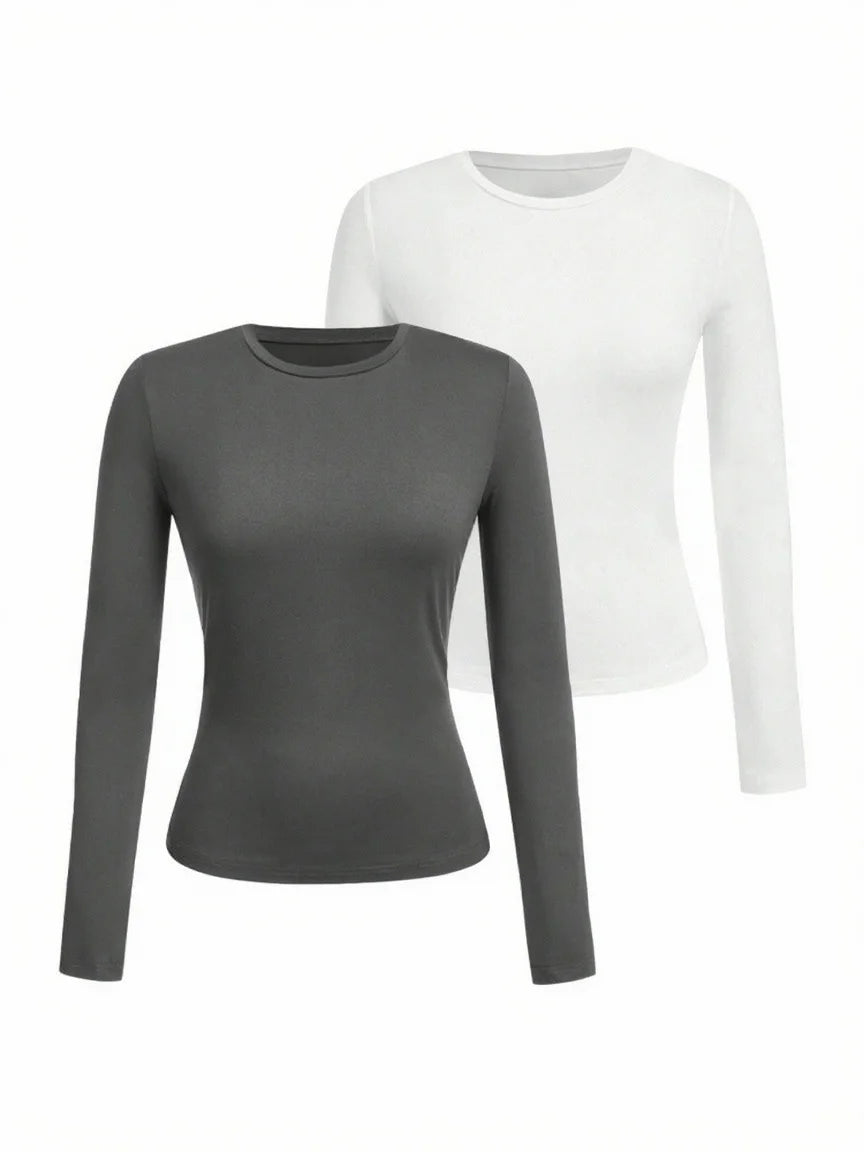 Women's solid-color long-sleeved T-shirt - Polyester knitted fabric,