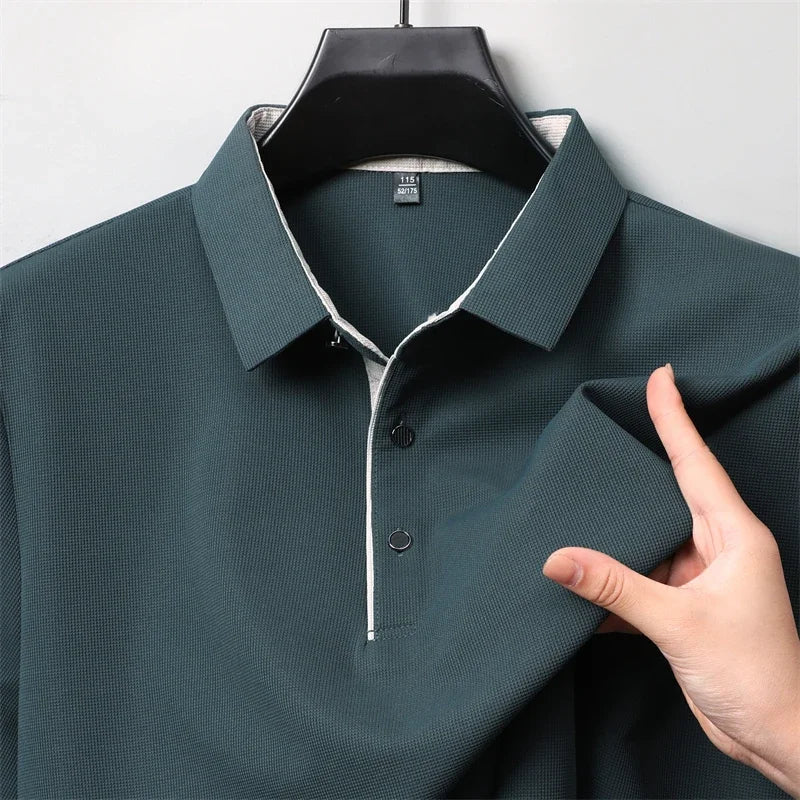 New Men's Business Casual  Long Sleeve Solid Color Polo Shirt