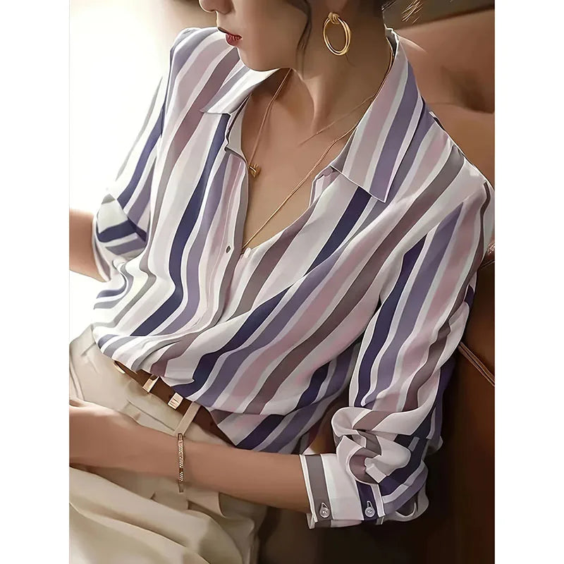 Elegant Chic Office Lady Turn Down Collar Shirt Simple Temperament