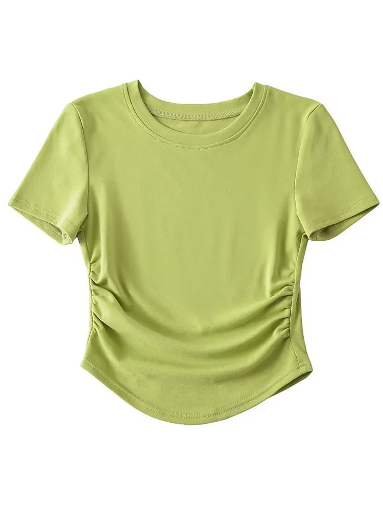 2024 Harajuku Women Crew Neck Short Sleeve Cotton Tee With Ruched