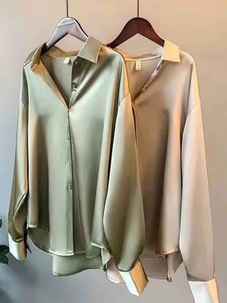 2026 Elegant Satin Loose Women Shirt Spring Turn-down Collar Ladies