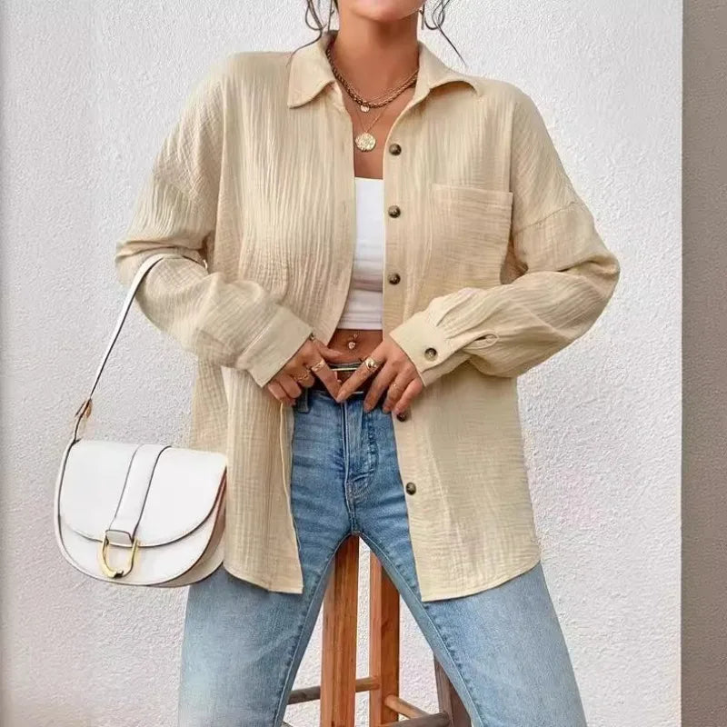 100% Cotton Gauze Muslin Women Shirts Casual Turn Down Collar Long