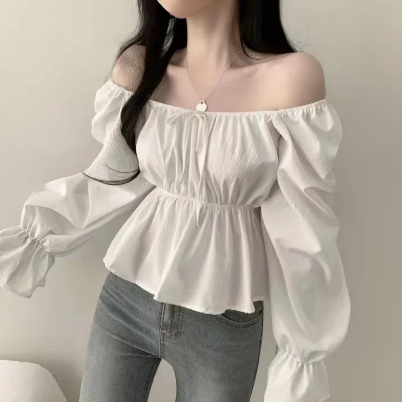 2025 Fashion New Ruffle White Long sleeved Women's Blouses Square Neck