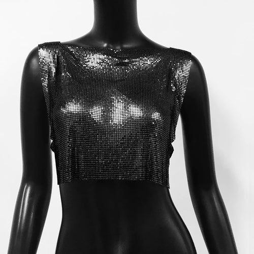 2024 New Shiny Metal Sequins Tank Top Sexy Round Neck Backless