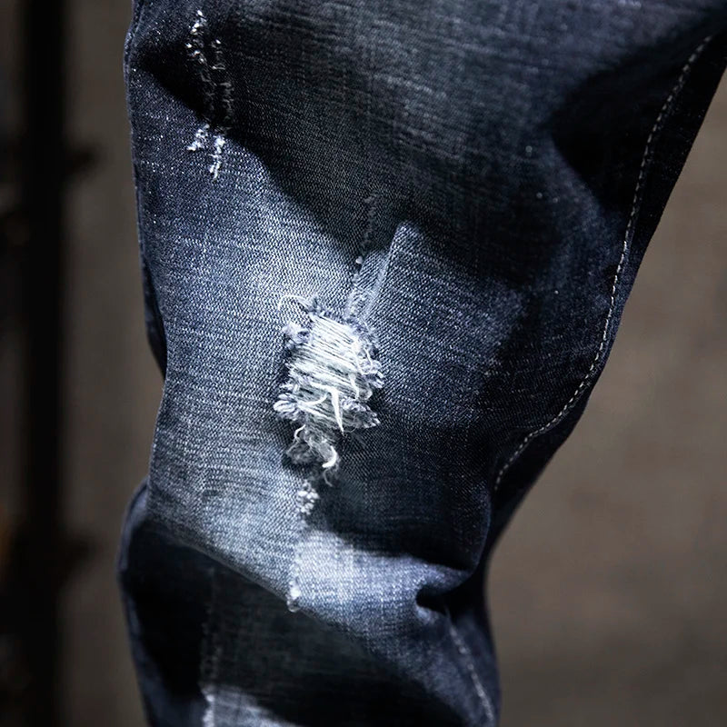 2024 New Ripped Jeans Men Slim-fit Denim Pants Cotton Korean Style