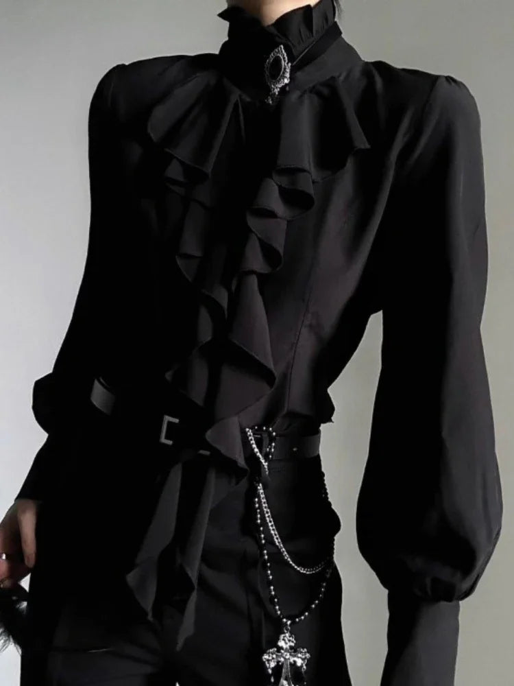 Harajuku Vintage Women Bottoming Shirt Stand Collar Ruffles Slim Fit