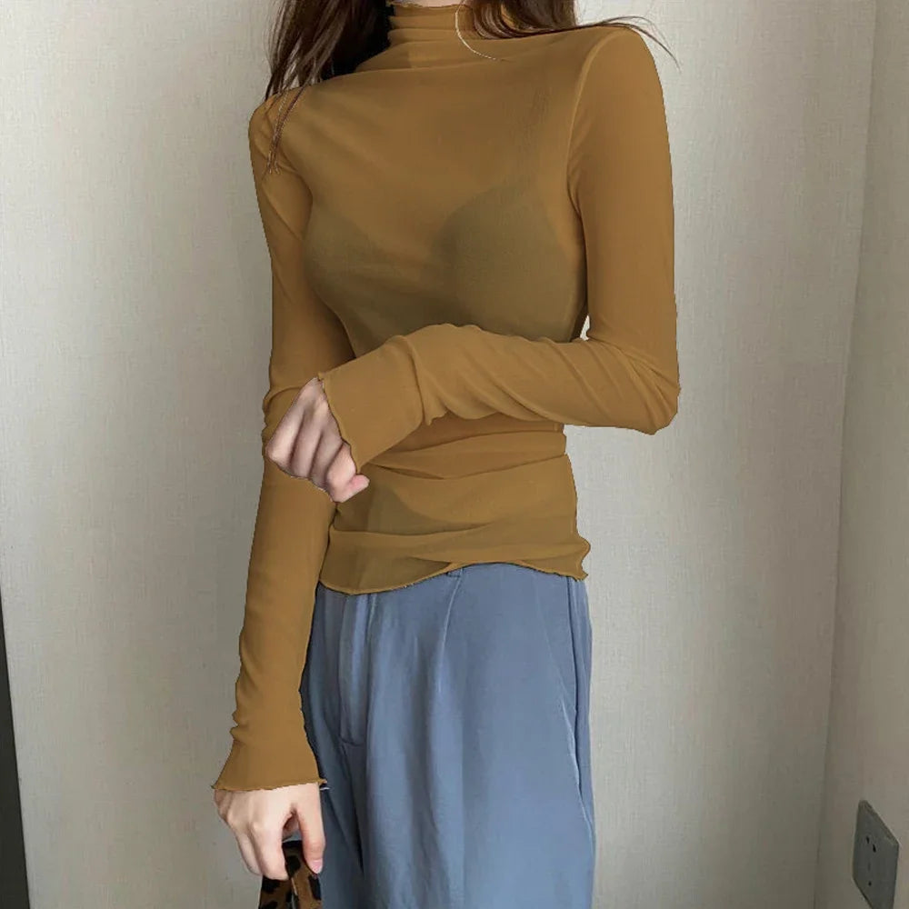 Women Blouses Ladies Party Female Bottoming Tops High Neck Long Sleeve