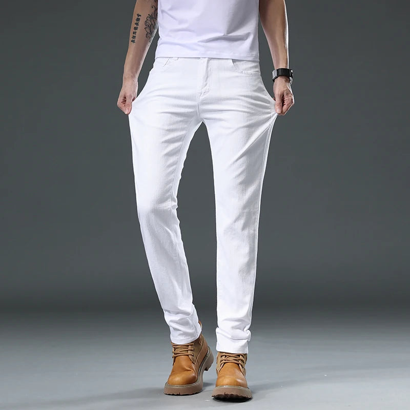 High Quality Cotton Blend White Jeans Men Fashion Casual Classic Style