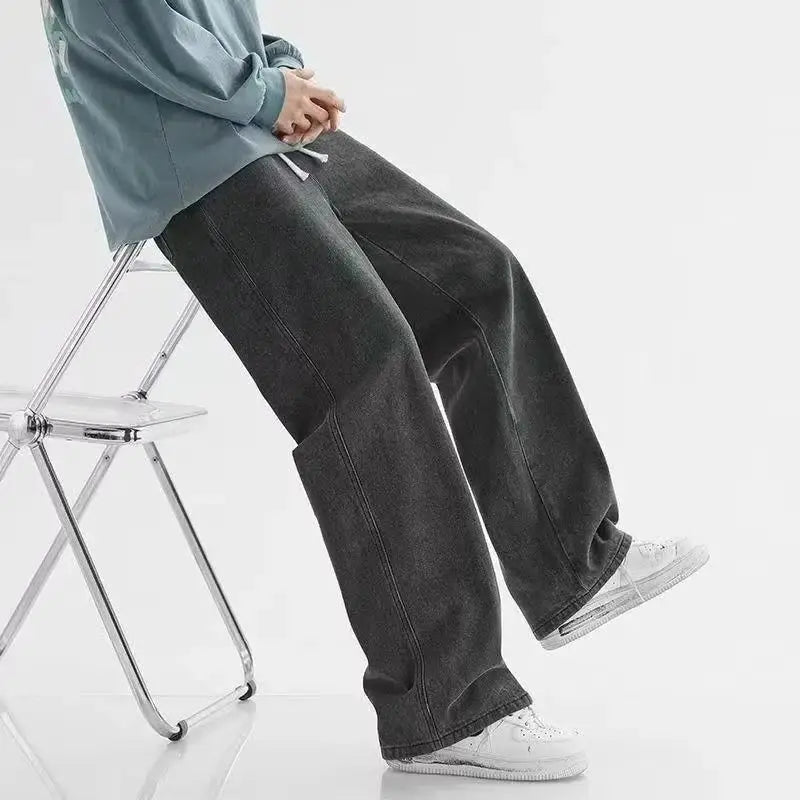 Spring Men's Jeans Baggy Straight Drawstring Elastic Waist Personality
