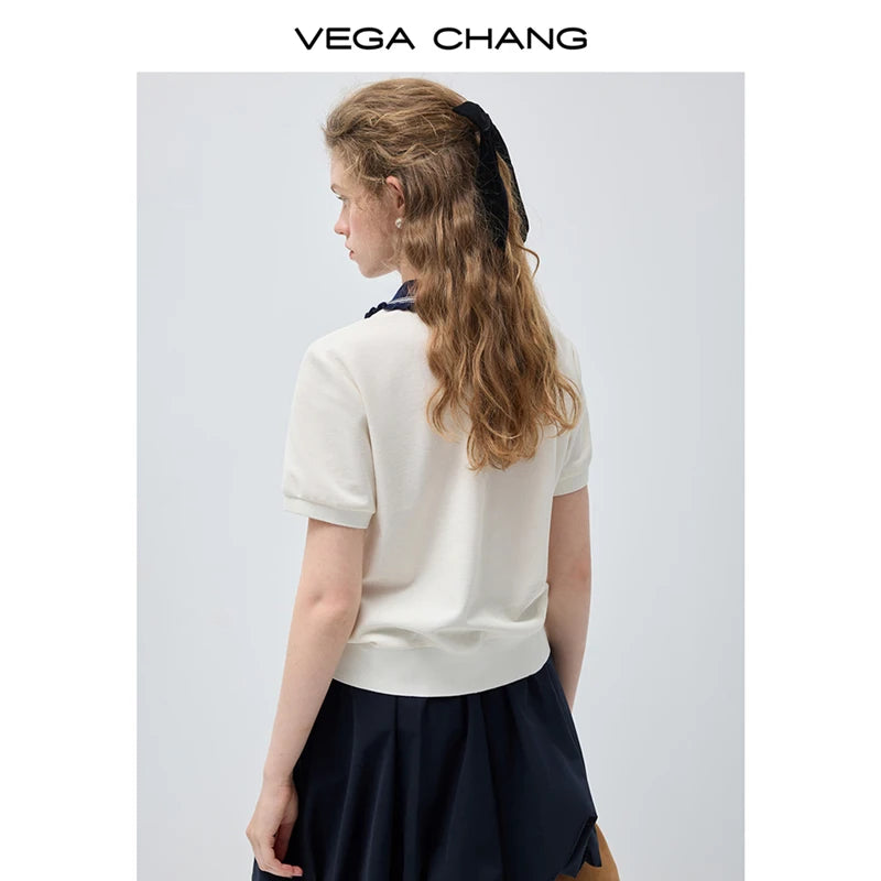 Vega Chang New Summer Style Women's Lapel Short-Sleeved T-Shirt Fake