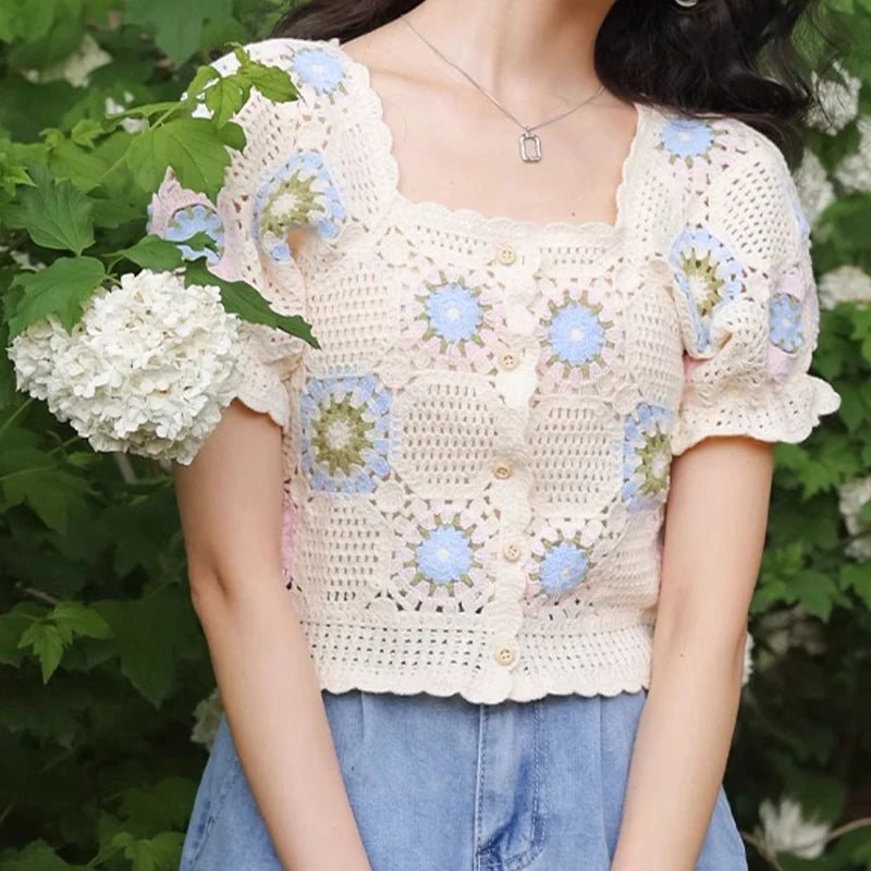 Square Neck Button-up Crochet Top Short Sleeve Granny Square Open-knit