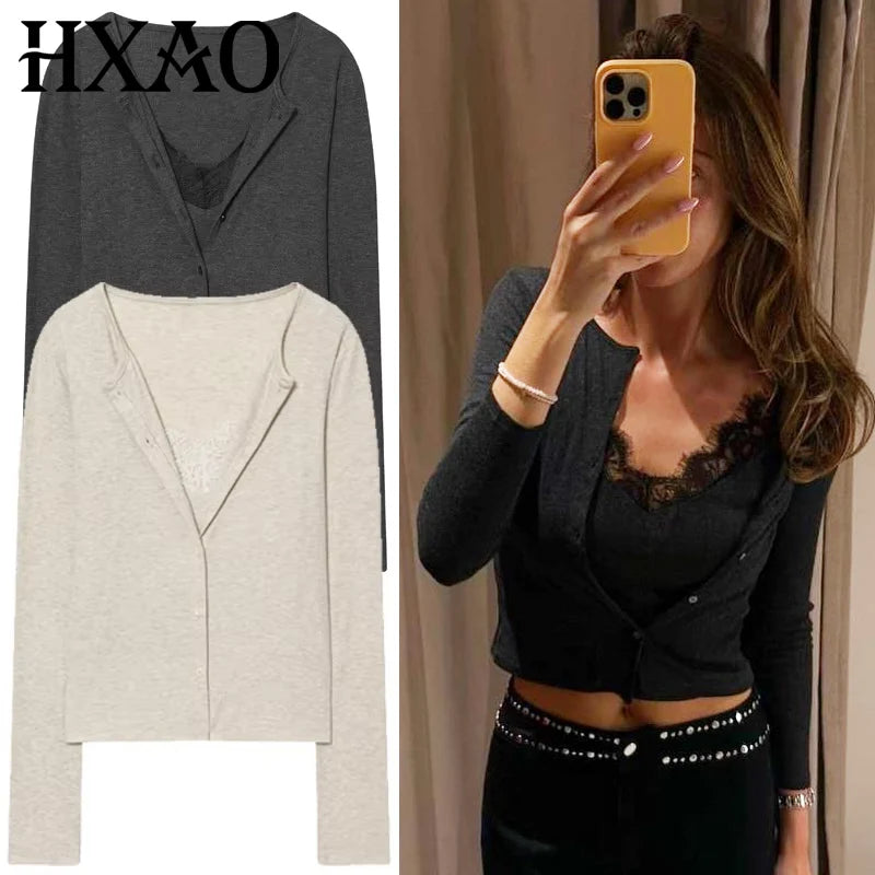 HXAO Cropped Lace Top Woman Blouses Autumn Grey Beige Shirts & Blouses