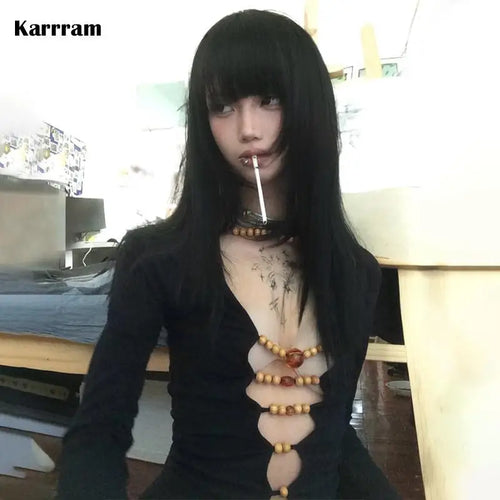 Karrram Japanese Y2k Hollow Out Tops Vintage Harajuku Beaded T Shirt