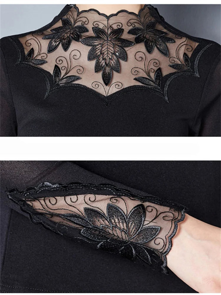 Hollow Out Women Spring Autumn Style Lace Blouses Shirts Casual Long